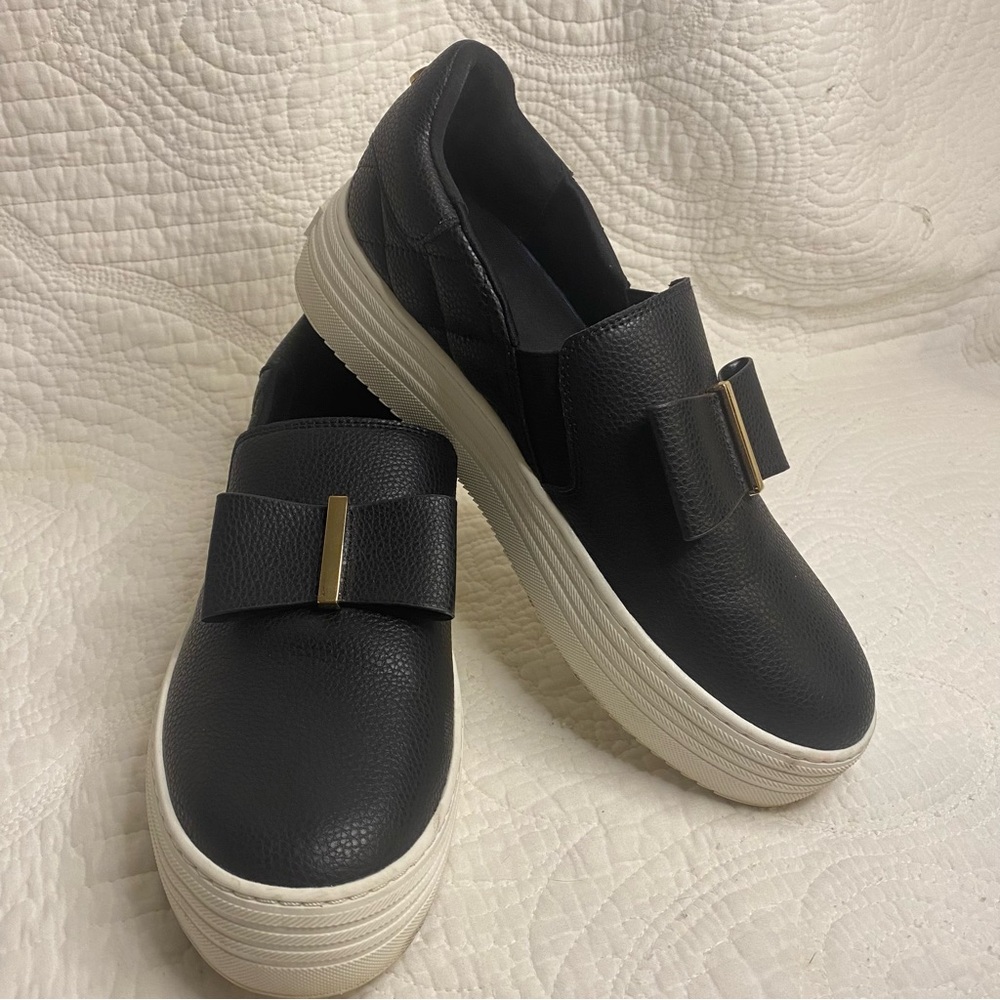 Joy Mangano Luxe Black Pebbled Bow Platform Slip On Sneakers Quilted Womens 8